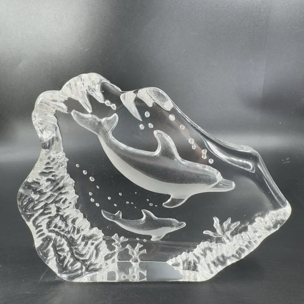 Vintage Clear Crystal Glass Plaque‎ Paperweight Dolphins Figurine Decorative VTG
